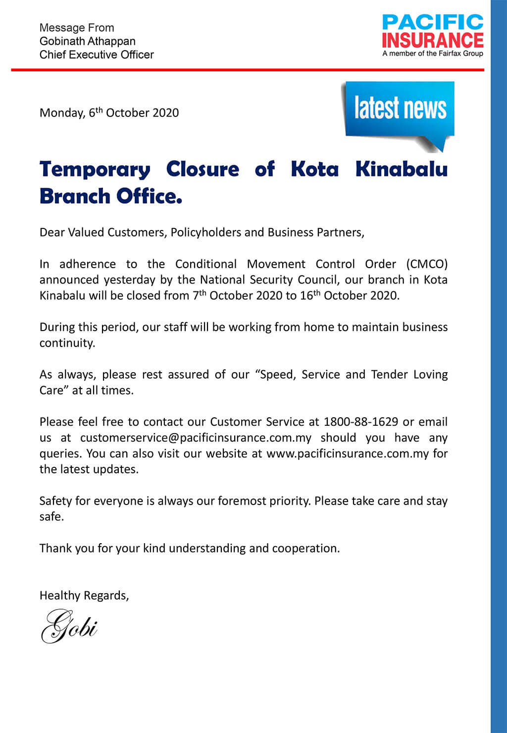 Temporary Closure of Kota Kinabalu Office