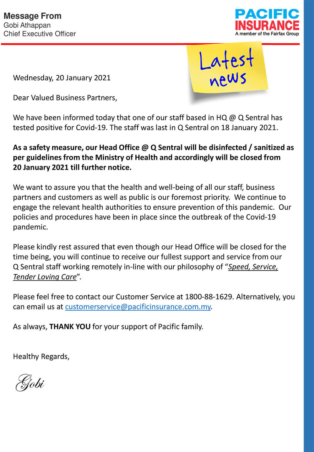 Temporary Closure of Branch Office @ Head Office, Q Sentral