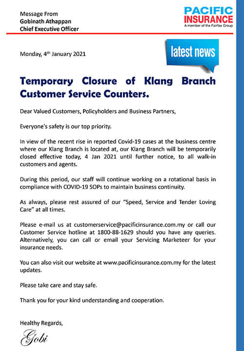 Temporary Closure of Klang Branch Customer Service Counters