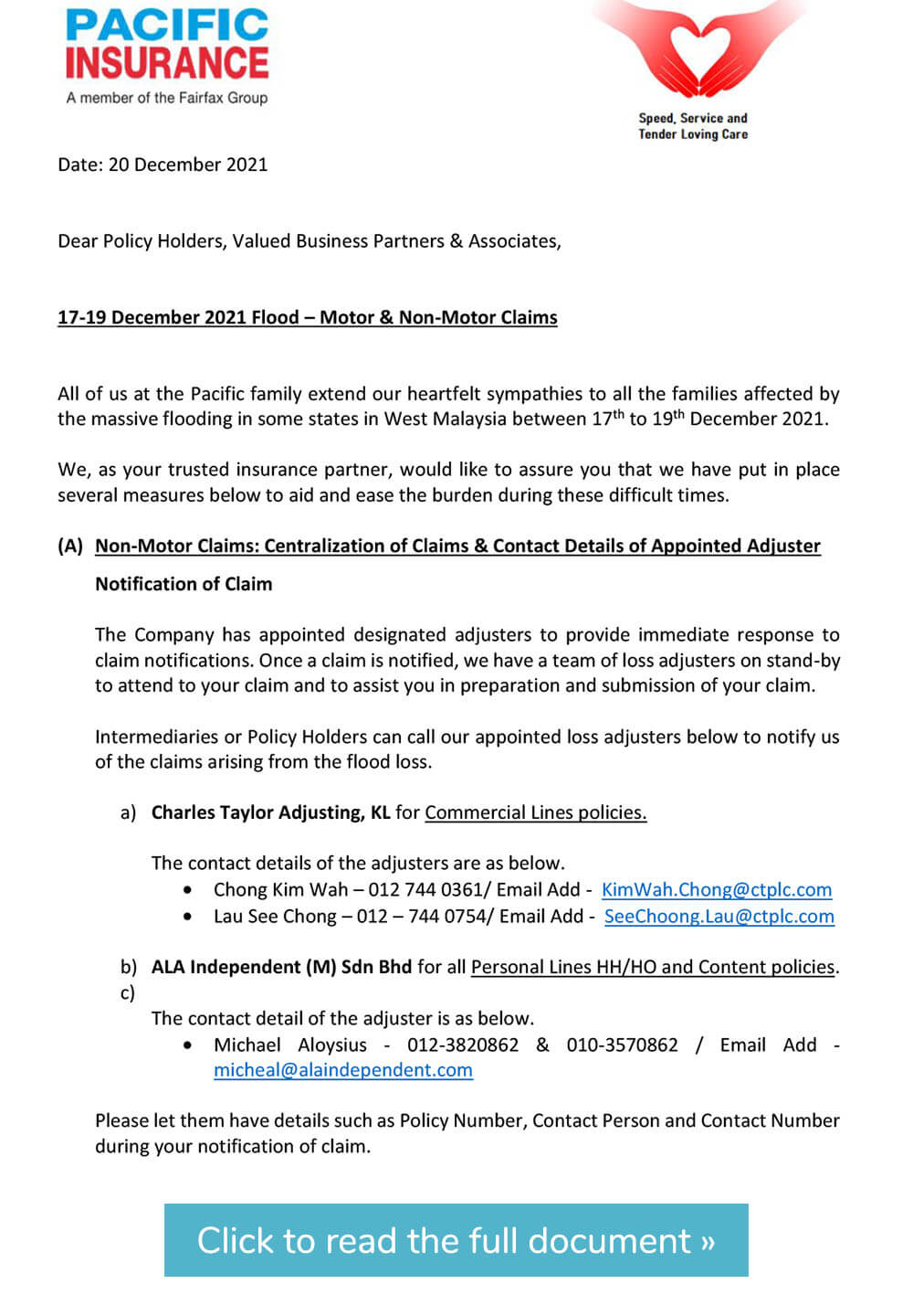 17-19 December 2021 Flood – Communication on Motor & Non-Motor Claims to TPIB Policy Holders