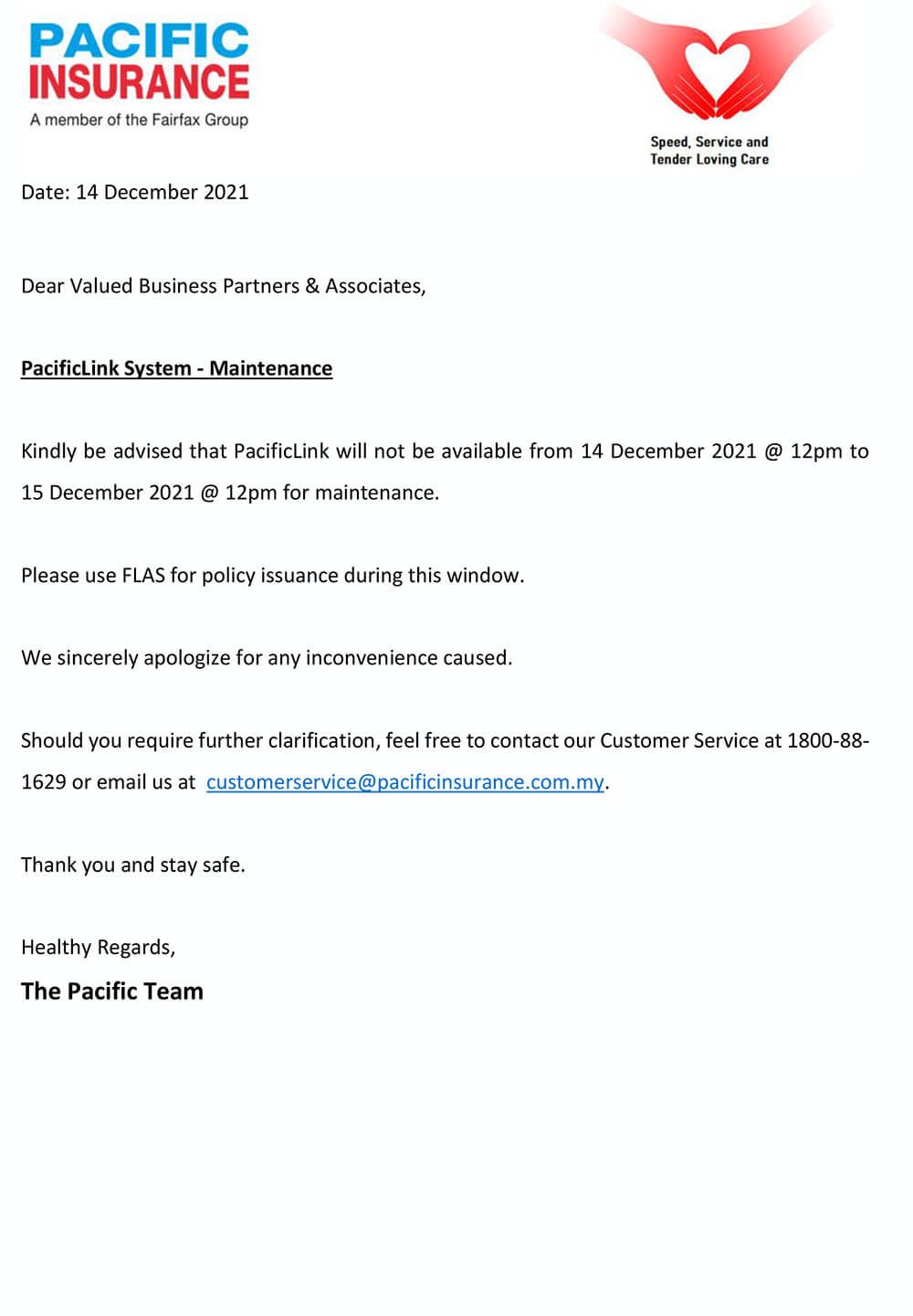 PacificLink System Down For Maintenance 14 December 2021