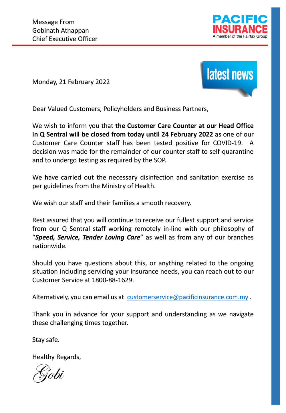 Closure of TPIB Head Office Customer Service Counter Until 24 February 2022