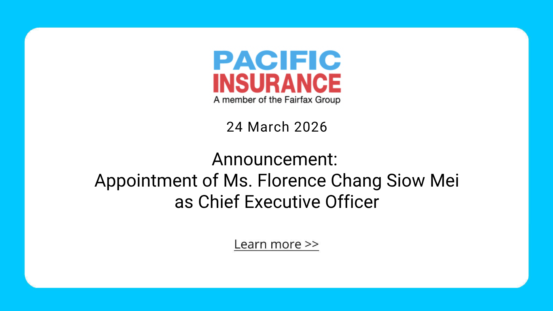Appointment of Ms Florence Chang Siow Mei as Chief Executive Officer